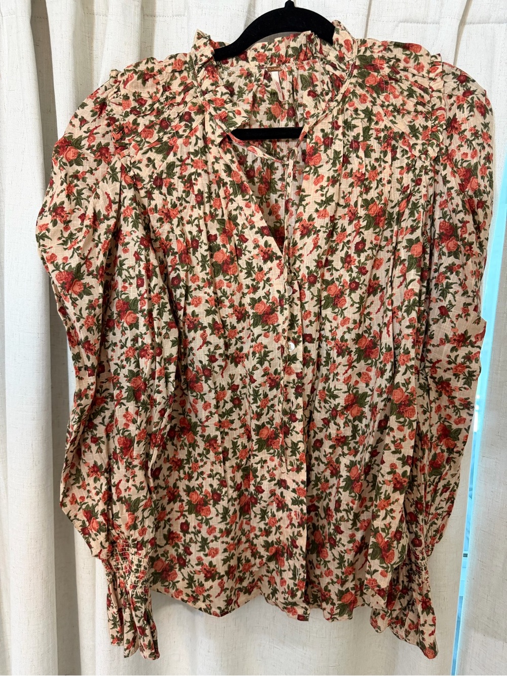 Free People Cream Blouse with Coral Floral Print
